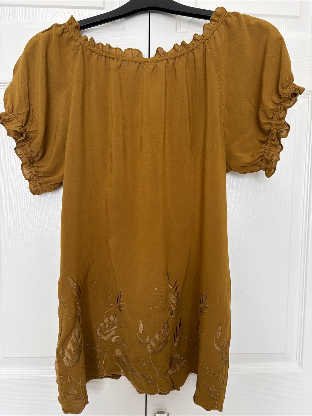 RW&CO. Mustard Ruffled Peasant Blouse with Embroidered Hem - Picture 6 of 6